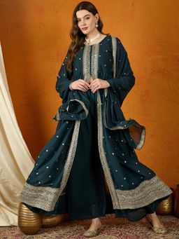 Miss Ethnik - Blue Round Neck Three Fourth Sleeves Kurta and Palazzo and Dupatta (Set of 3)