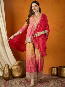 Miss Ethnik - Pink V-Neck Three Fourth Sleeves Kurta and Palazzo and Dupatta (Set of 3)