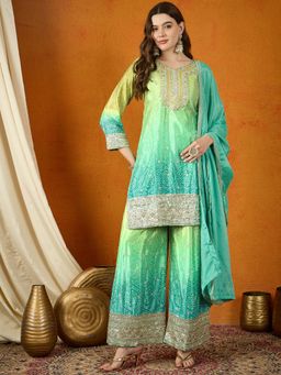 Miss Ethnik - Teal Round Neck Three Fourth Sleeves Kurta and Palazzo and Dupatta (Set of 3)