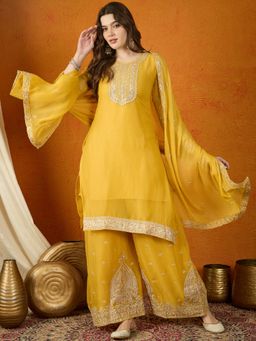 Miss Ethnik - Yellow Round Neck Three Fourth Sleeves Kurta and Palazzo and Dupatta (Set of 3)