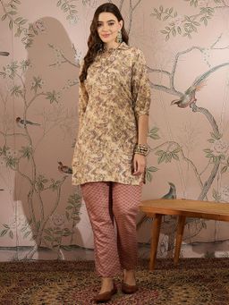 Miss Ethnik - Cream Collar Neck Three Fourth Sleeves Kurta and Pant Co-Ord Set