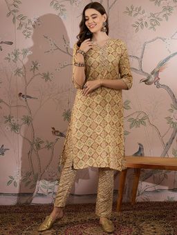 Miss Ethnik - Cream V-Neck Three Fourth Sleeves Kurta and Pant (Set of 2)