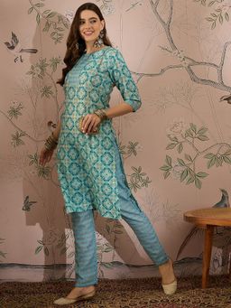 Miss Ethnik - Blue Round Neck Three Fourth Sleeves Kurta and Pant (Set of 2)