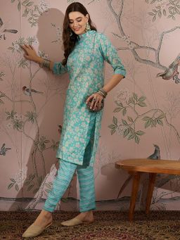Miss Ethnik - Blue Mandarin Neck Three Fourth Sleeves Kurta and Pant (Set of 2)