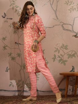 Miss Ethnik - Peach Mandarin Neck Three Fourth Sleeves Kurta and Pant (Set of 2)