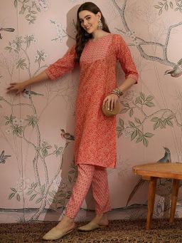 Miss Ethnik - Peach Round Neck Three Fourth Sleeves Kurta and Pant (Set of 2)