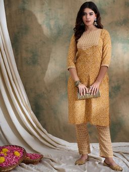 Miss Ethnik - Yellow Round Neck Three Fourth Sleeves Kurta and Pant (Set of 2)