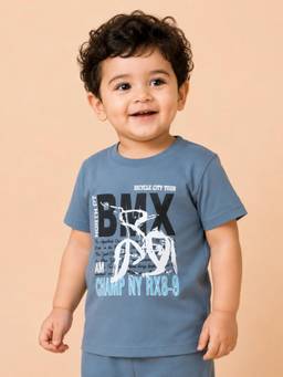 Bloom Up - Steel Blue BMX Bicycle Graphic Half Sleeve T-Shirt for Boys