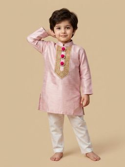 BYB Premium - Boys Light Pink Hand Embroidered Cotton Kurta Pyjama Set