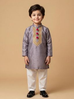 BYB Premium - Boys Dusty Purple Hand Embroidered Cotton Kurta Pyjama Set