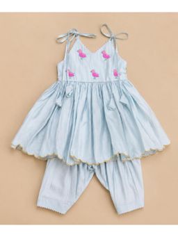 BYB Premium - Girls Light Blue Embroidered Layered Kurta with Pants Set