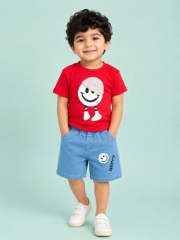 Bloom Up - Red Smiley Graphic T-Shirt and Light Blue Denim Shorts Co-ord Set for Boys