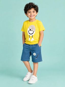 Bloom Up - Yellow Smiley Graphic T-Shirt and Denim Blue Shorts Co-ord Set for Boys