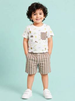 Bloom Up - White Beach Print T-Shirt and Beige Striped Shorts Co-ord Set for Boys