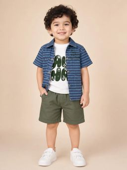 Bloom Up - Blue Striped Shirt, Graphic T-Shirt and Olive Shorts Co-ord Set for Baby Boys