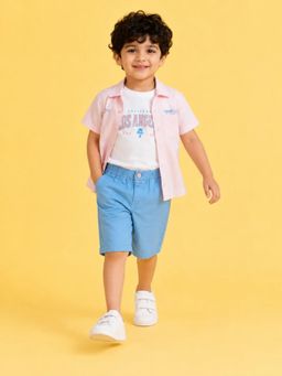 Bloom Up - Pink Shirt, Graphic T-Shirt and Blue Shorts Co-ord Set for Boys