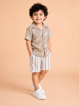 Bloom Up - Beige Leaf Print Shirt and Striped Shorts Co-ord Set for Boys