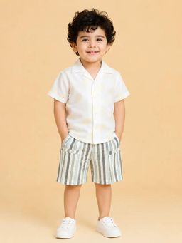 Bloom Up - White Leaf Print Shirt and Mint Striped Shorts Co-ord Set for Boys