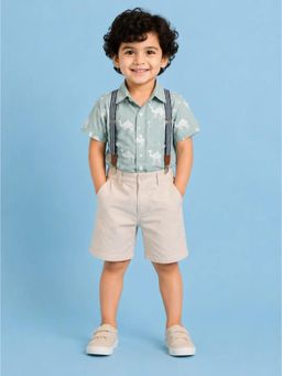 Bloom Up - Sage Green Camel Print Shirt and Beige Suspender Shorts Set for Boys