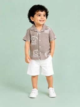 Bloom Up - Grey Printed Shirt and White Shorts Co-ord Set for Boys
