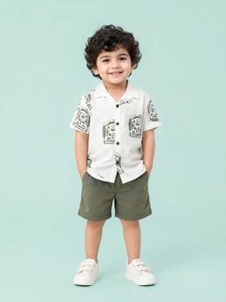 Bloom Up - White Printed Shirt and Olive Green Shorts Co-ord Set for Boys