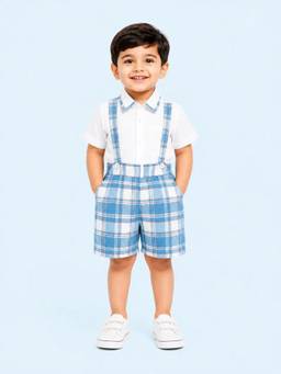Bloom Up - Blue Checked Suspender Shorts Set for Boys