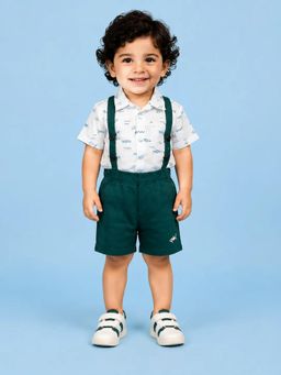 Bloom Up - Boys White Printed Shirt with Green Suspender Shorts Co-ord Set