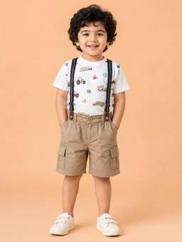 Bloom Up - White Construction Vehicle Print T-Shirt with Beige Cargo Shorts and Suspenders