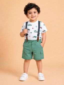 Bloom Up - Construction Print T-Shirt and Sage Green Cargo Shorts Co-ord Set for Boys