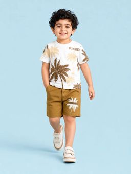 Bloom Up - Summer Palm Print T-Shirt and Brown Shorts Co-ord Set for Boys