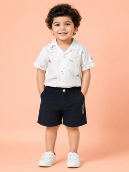 Bloom Up - White Bird Print Shirt and Navy Blue Shorts Co-ord Set for Boys