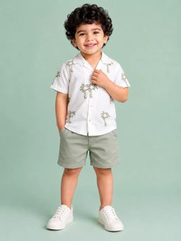 Bloom Up - White Palm Tree Printed Shirt and Sage Green Shorts Co-ord Set for Boys