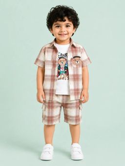 Bloom Up - Beige Checked 3-Piece Shirt, Graphic Co-ord Set for Boys