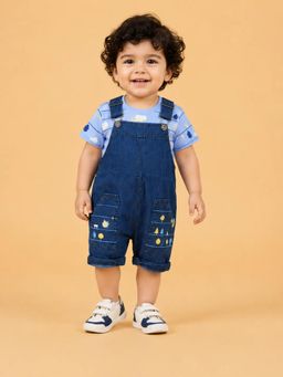 Bloom Up - Blue Cotton Denim Dungaree with T-shirt for Boys