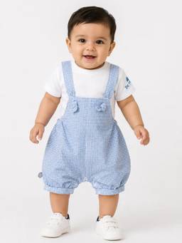 Bloom Up - Blue Gingham Dungaree Romper with T-Shirt for Boys