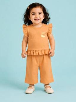 Bloom Up - Orange Soft Cotton Ruffle Sleeve Co-ord Set for Girls