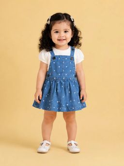 Bloom Up - Blue Heart Print Denim Pinafore Dress with T-Shirt for Girls