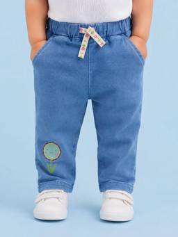 Bloom Up - Blue Flower Embroidered Pants for Girls