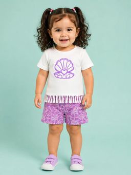 Bloom Up - White Shell Graphic Fringe Top and Purple Printed Shorts Co-ord Set for Girls