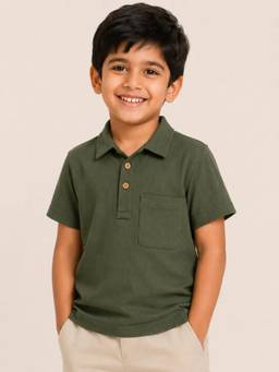 Bloom Up - Olive Green Ribbed Polo T-Shirt for Boys