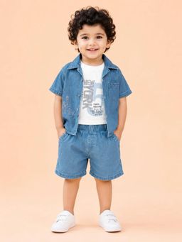 Bloom Up - Light Blue Denim Shirt, Graphic T-Shirt and Shorts Co-ord Set for Baby Boys