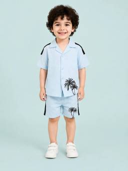Bloom Up - Sky Blue Palm Tree Shirt and Shorts Co-ord Set for Baby Boys