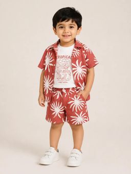 Bloom Up - Coral Tropical Print Shirt, Graphic T-Shirt and Shorts Co-ord Set for Baby Boys