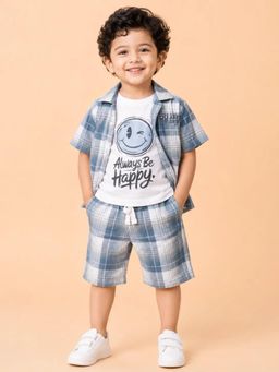 Bloom Up - Blue Checked Shirt, Graphic T-Shirt and Shorts Co-ord Set for Baby Boys
