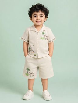 Bloom Up - Beige Embroidered Shirt and Shorts Co-ord Set for Baby Boys