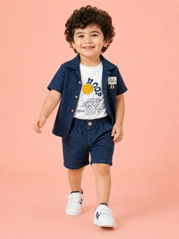 Bloom Up - Navy Blue 3-Piece Shirt, Graphic T-Shirt and Shorts Co-ord Set for Baby Boys