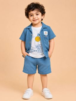 Bloom Up - Blue 3-Piece Shirt, Graphic T-Shirt and Shorts Co-ord Set for Baby Boys