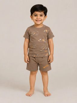 Bloom Up - Puppy Print T-Shirt and Brown Shorts Co-ord Set for Boys