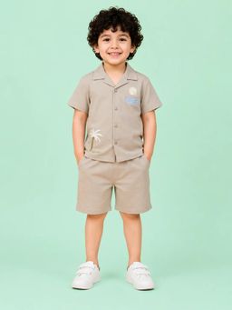 Bloom Up - Beige Embroidered Shirt and Shorts Co-ord Set for Boys