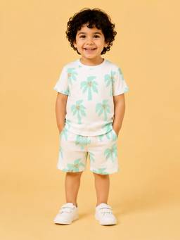 Bloom Up - White Palm Tree Print T-Shirt and Shorts Co-ord Set for Boys